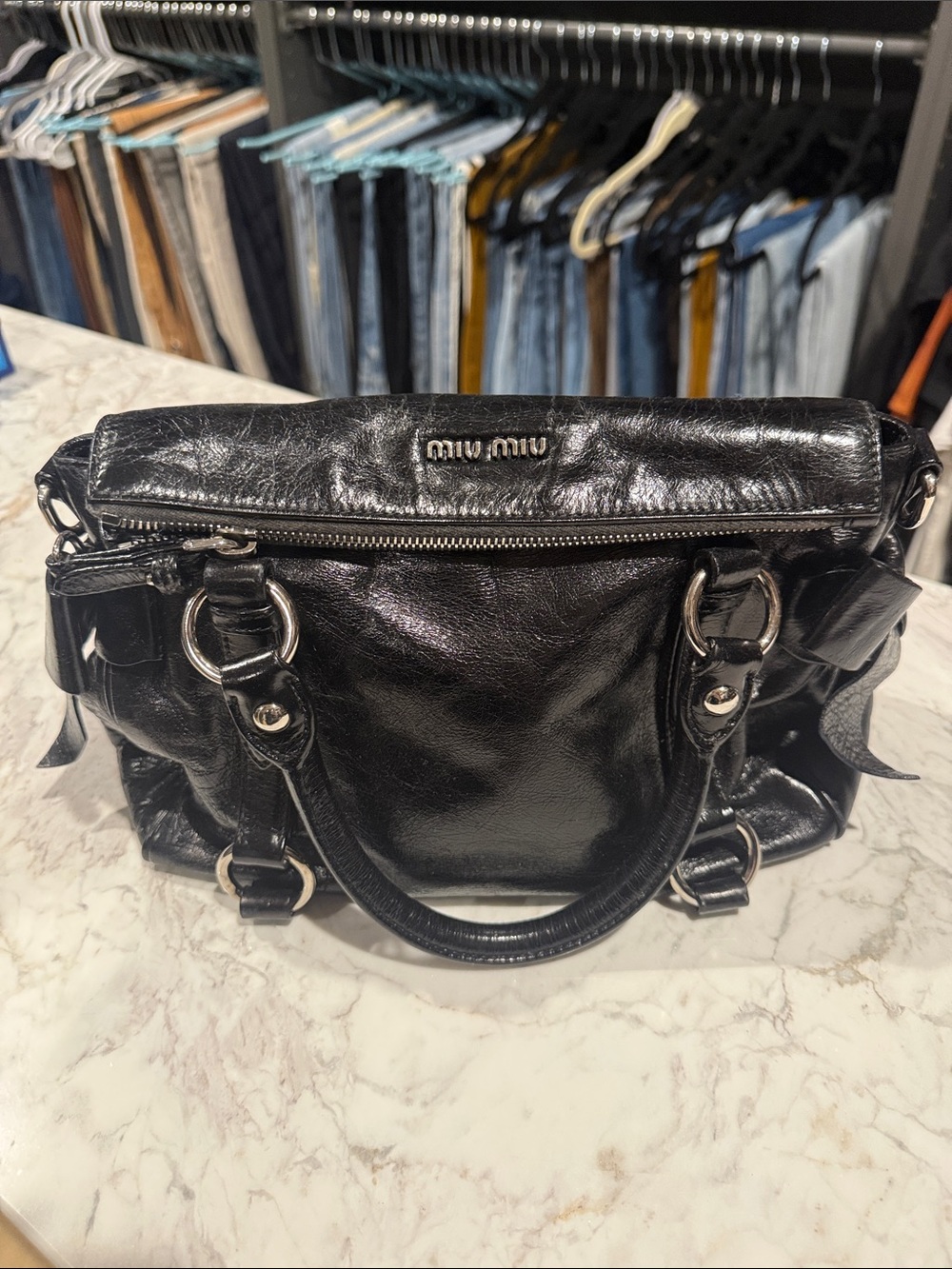 Miu Miu Shiny Black Leather Satchel with Silver Hardware